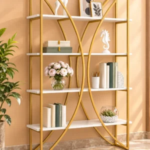 Aurevia curved frame cosmetic display rack with gold frame and white shelves