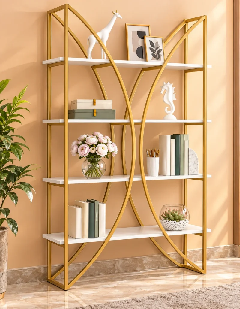Aurevia curved frame cosmetic display rack with gold frame and white shelves