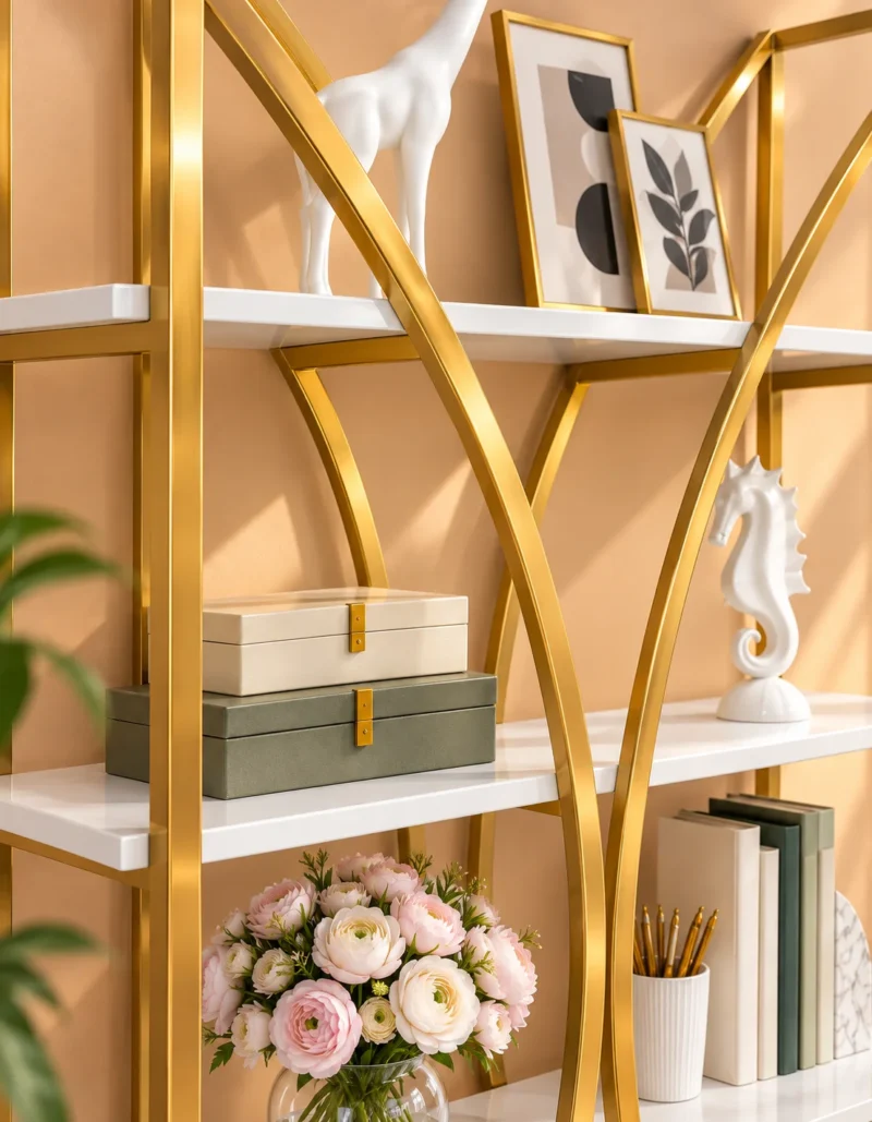 Aurevia curved frame cosmetic display rack with gold frame and white shelves