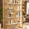 Aurevia curved frame cosmetic display rack with gold frame and white shelves