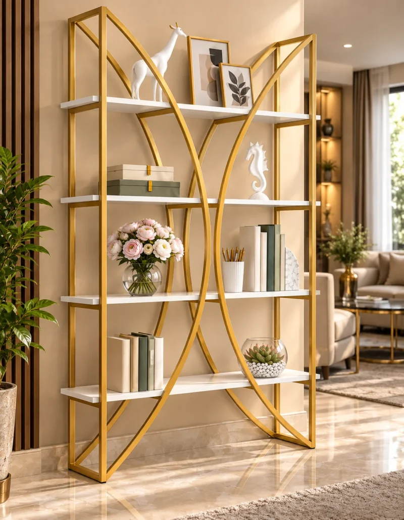 Aurevia curved frame cosmetic display rack with gold frame and white shelves