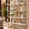 Aurevia curved frame cosmetic display rack with gold frame and white shelves