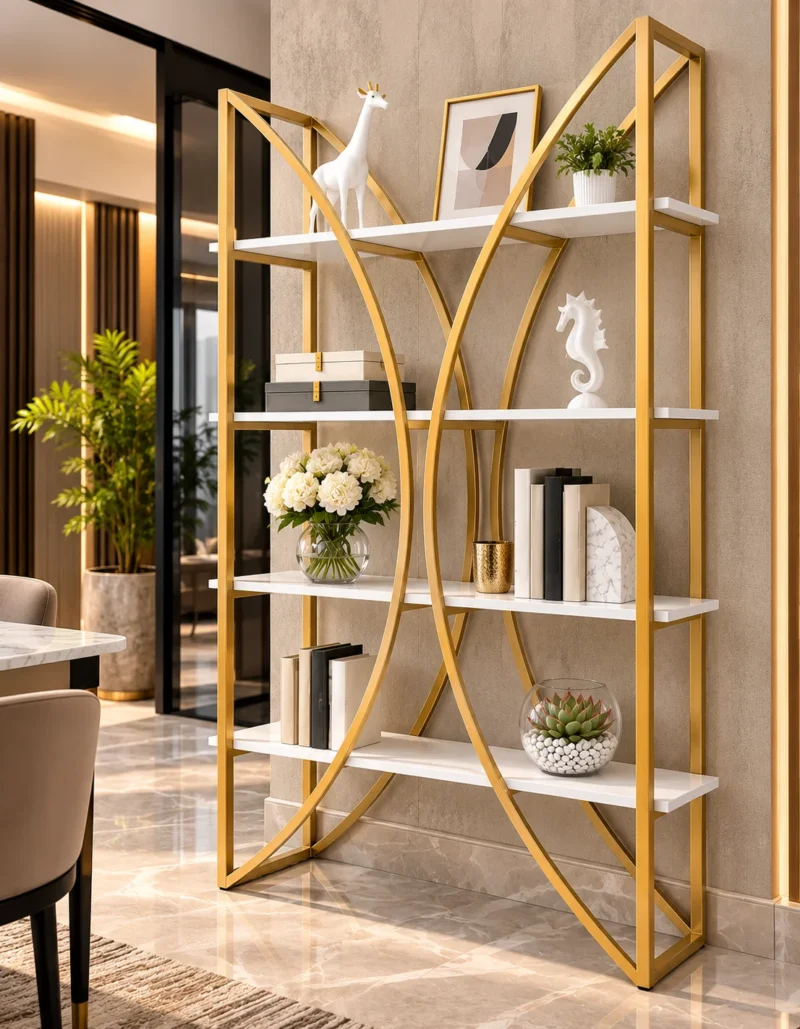 Aurevia curved frame cosmetic display rack with gold frame and white shelves