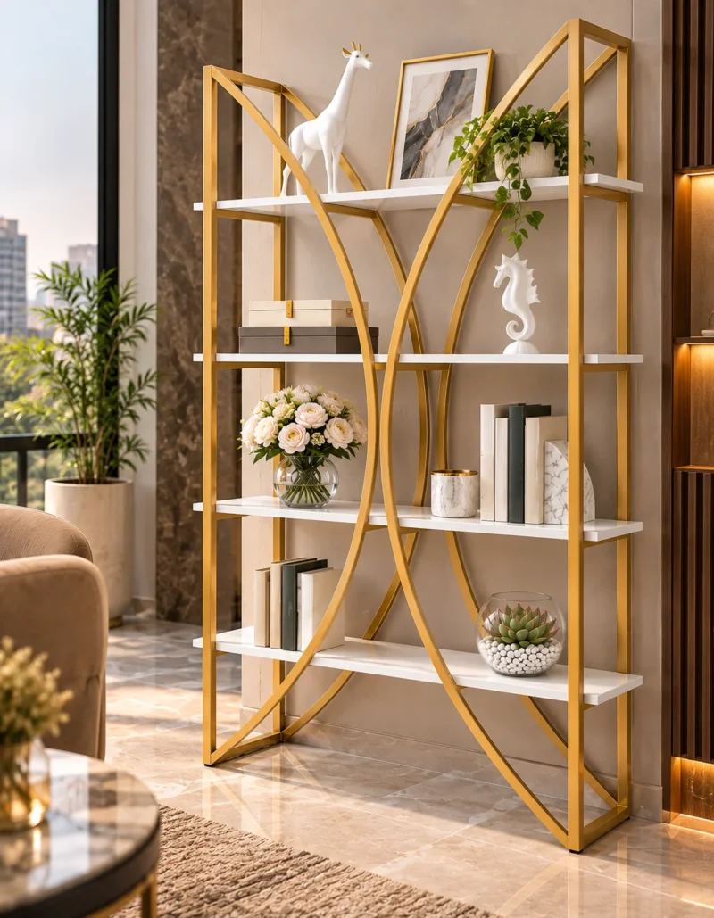 Aurevia curved frame cosmetic display rack with gold frame and white shelves