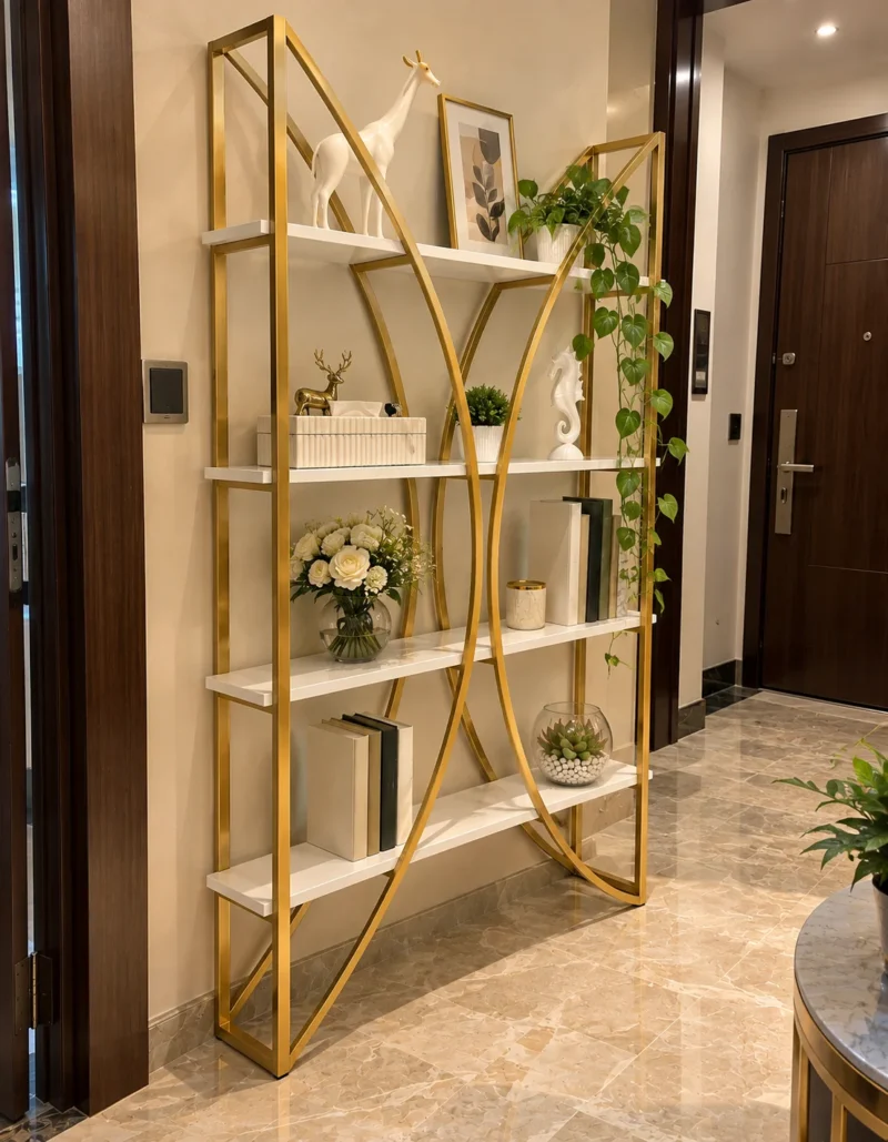 Aurevia curved frame cosmetic display rack with gold frame and white shelves