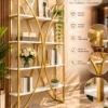 Aurevia curved frame cosmetic display rack with gold frame and white shelves