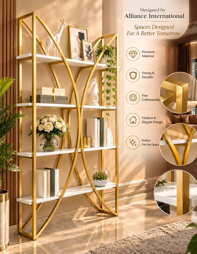Aurevia curved frame cosmetic display rack with gold frame and white shelves