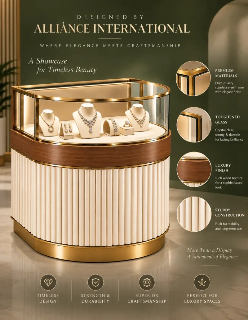 Aurevia Luxe curved jewelry display counter for showroom
