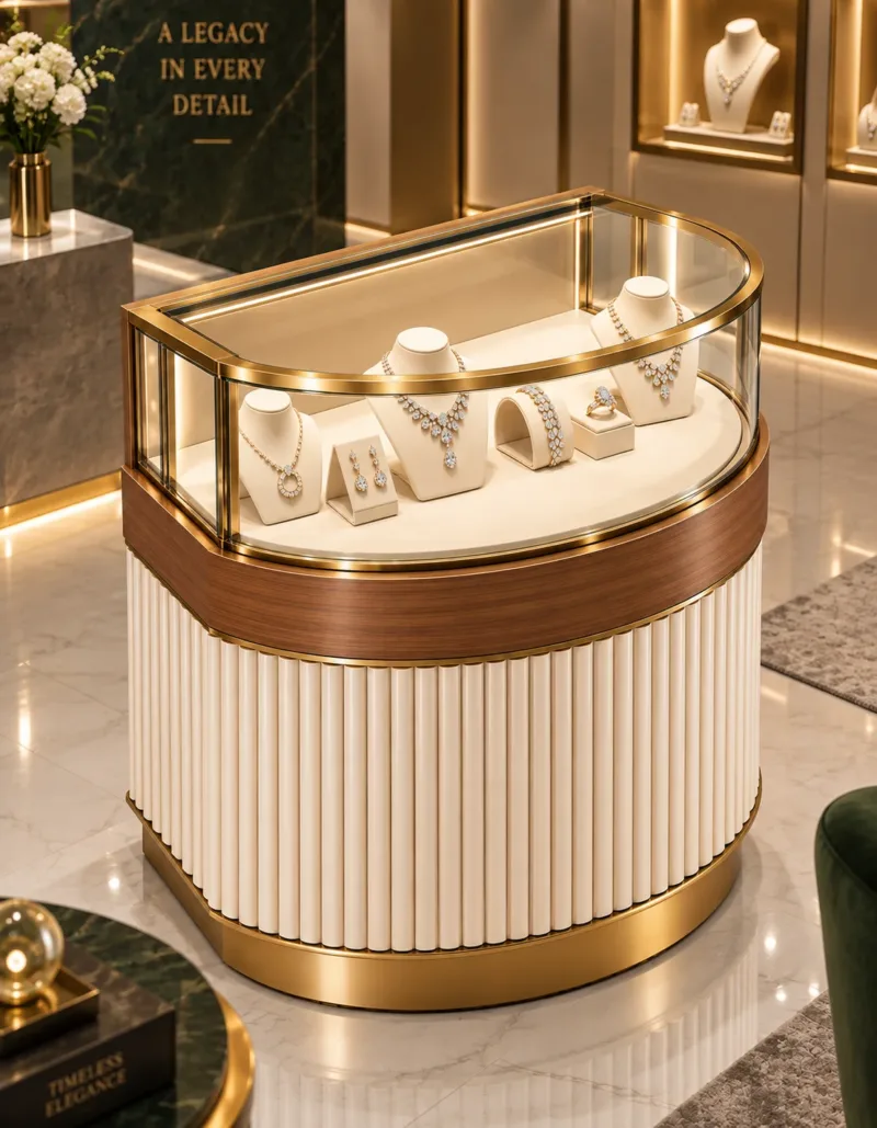 Aurevia Luxe curved jewelry display counter for showroom