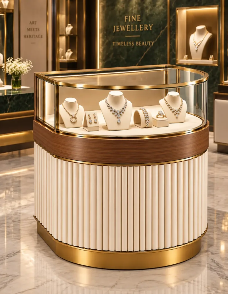 Aurevia Luxe curved jewelry display counter for showroom