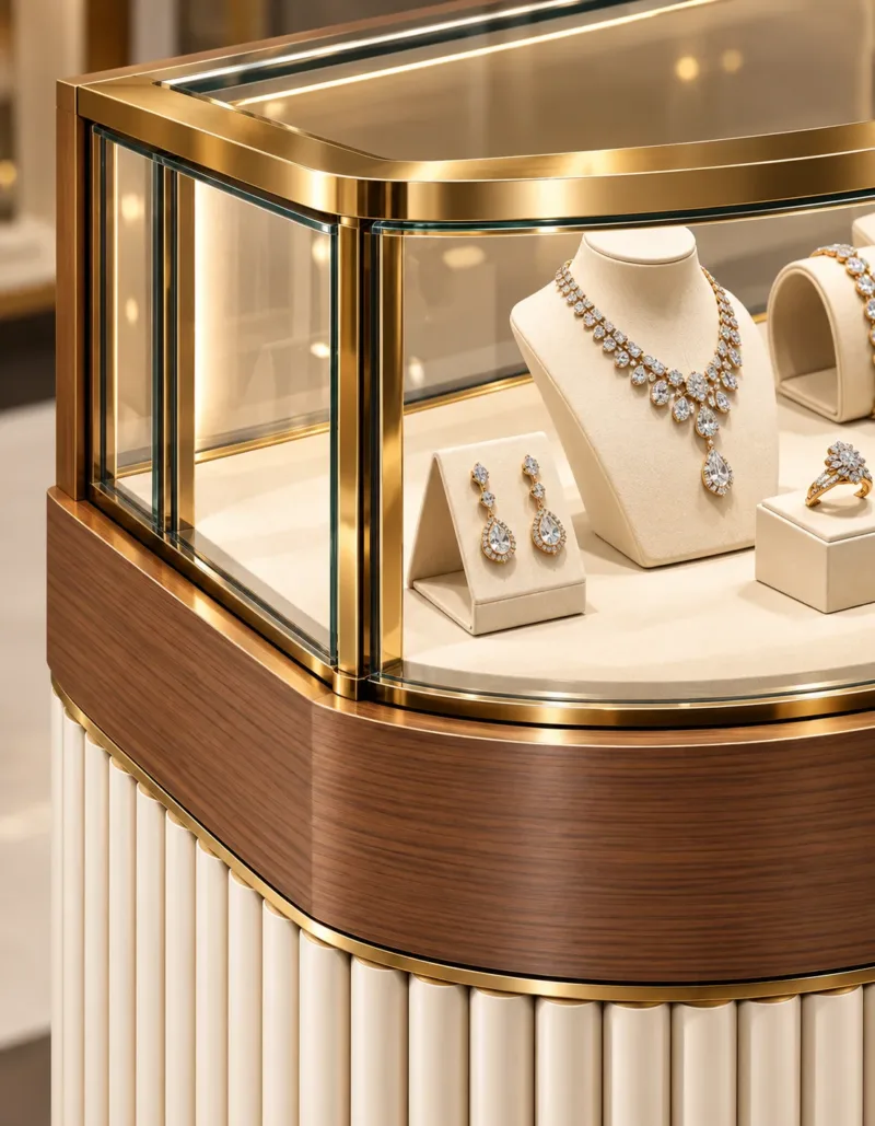 Aurevia Luxe curved jewelry display counter for showroom