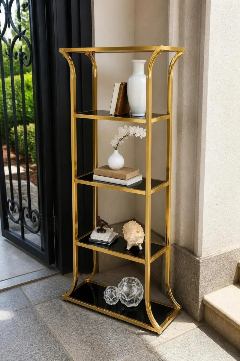 Aurevia Luxe gold multi tier display rack with open shelves and curved frame