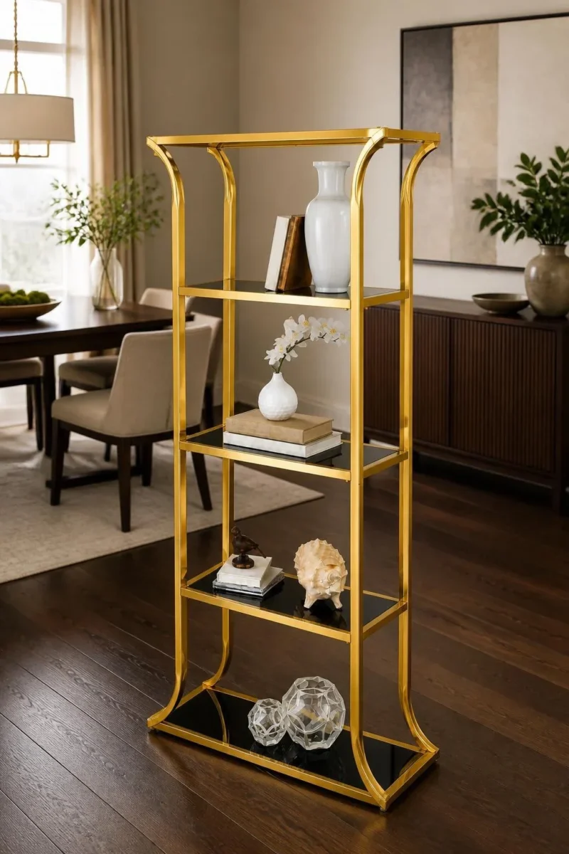 Aurevia Luxe gold multi tier display rack with open shelves and curved frame
