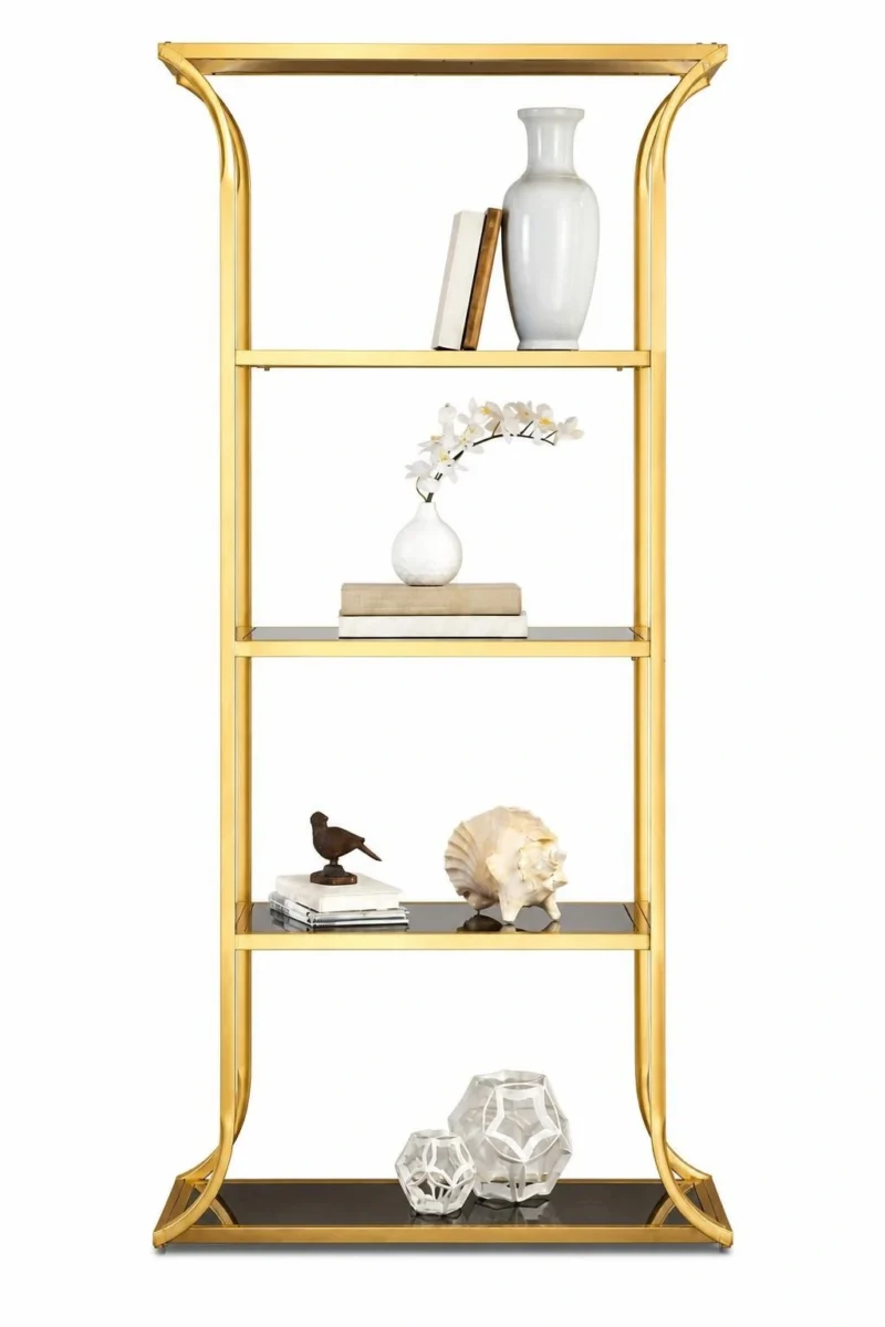 Aurevia Luxe gold multi tier display rack with open shelves and curved frame