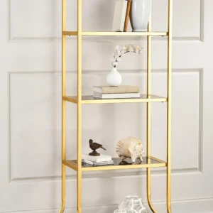 Aurevia Luxe gold multi tier display rack with open shelves and curved frame