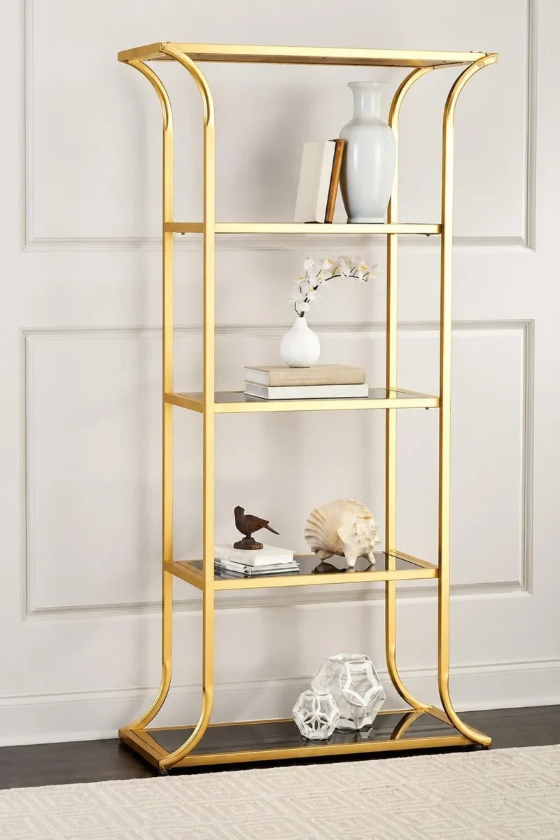 Aurevia Luxe gold multi tier display rack with open shelves and curved frame