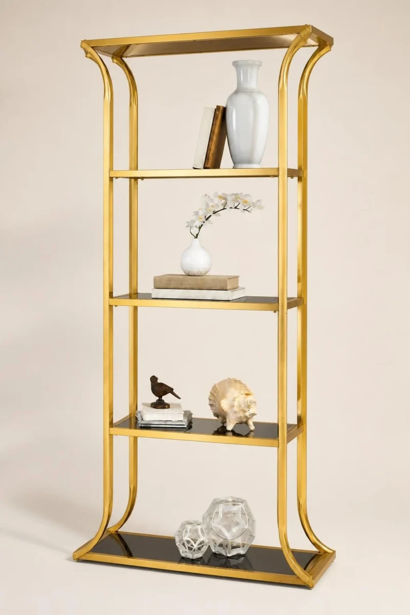 Aurevia Luxe gold multi tier display rack with open shelves and curved frame