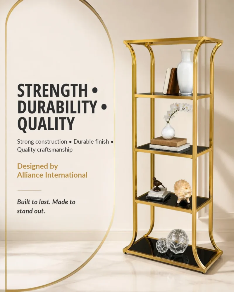 Aurevia Luxe gold multi tier display rack with open shelves and curved frame