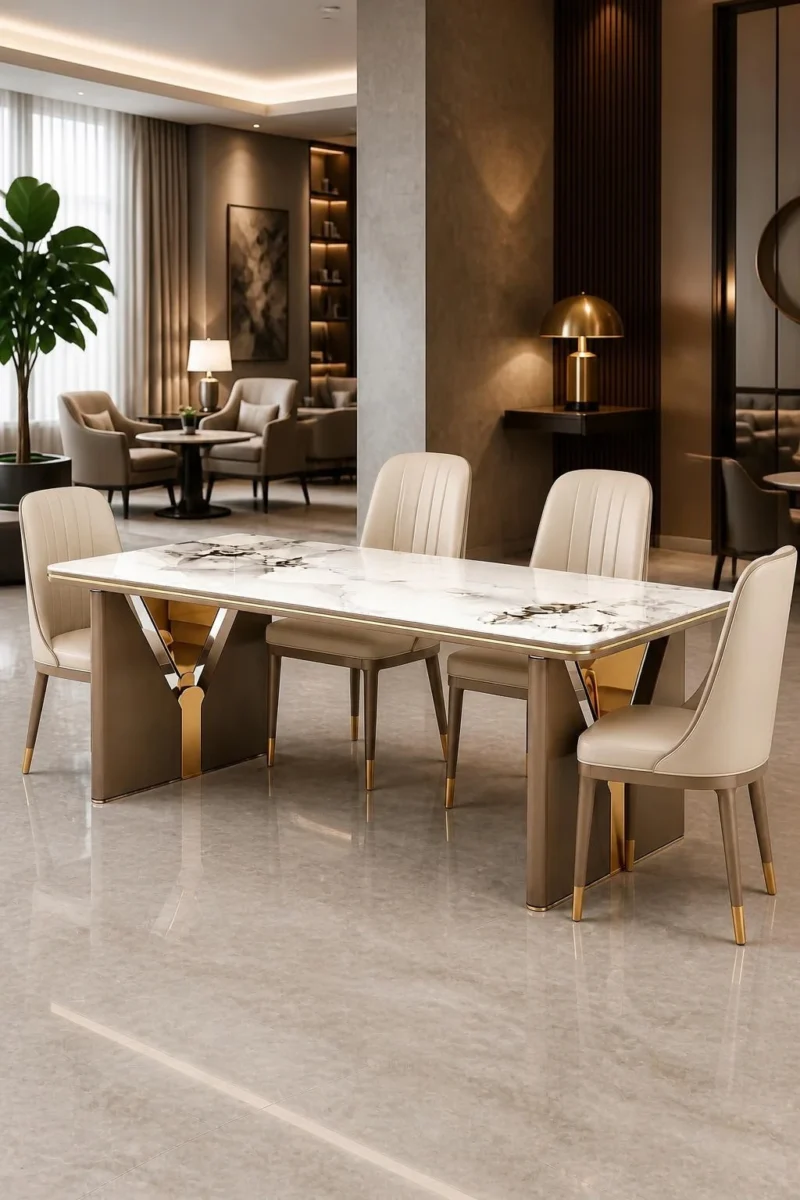 Aurevia Luxe luxury marble dining table with upholstered chairs and gold accent designer base