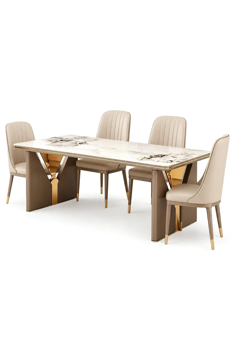 Aurevia Luxe luxury marble dining table with upholstered chairs and gold accent designer base