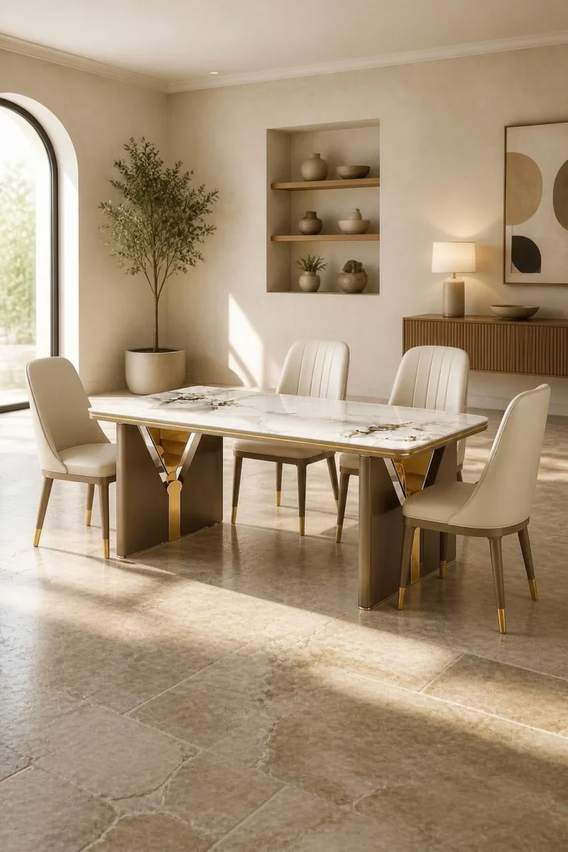 Aurevia Luxe luxury marble dining table with upholstered chairs and gold accent designer base