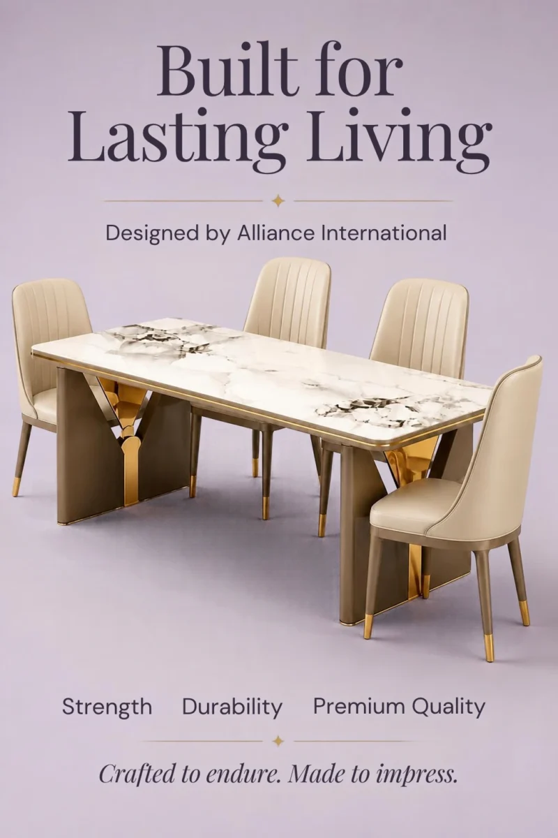 Aurevia Luxe luxury marble dining table with upholstered chairs and gold accent designer base