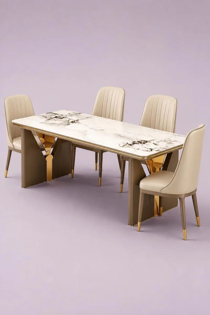 Aurevia Luxe luxury marble dining table with upholstered chairs and gold accent designer base