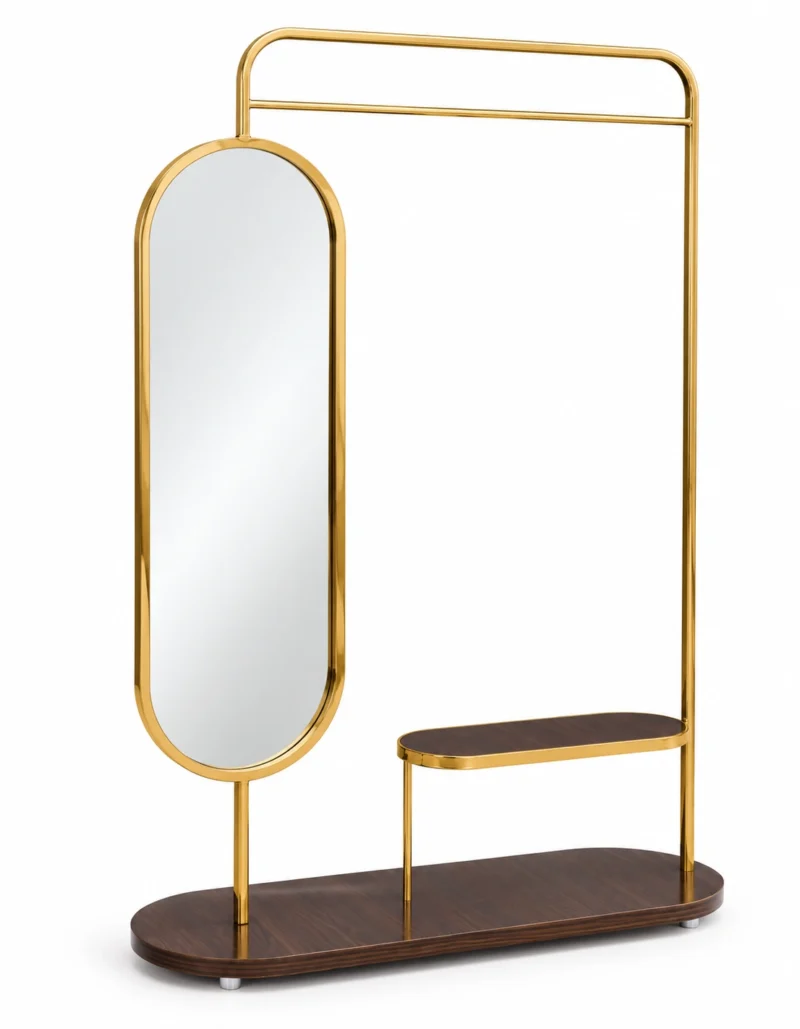 Aurevia standing mirror with clothes rack and gold stainless steel frame