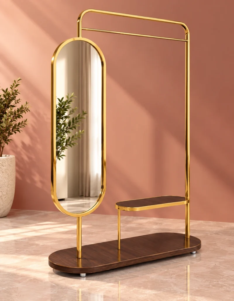 Aurevia standing mirror with clothes rack and gold stainless steel frame