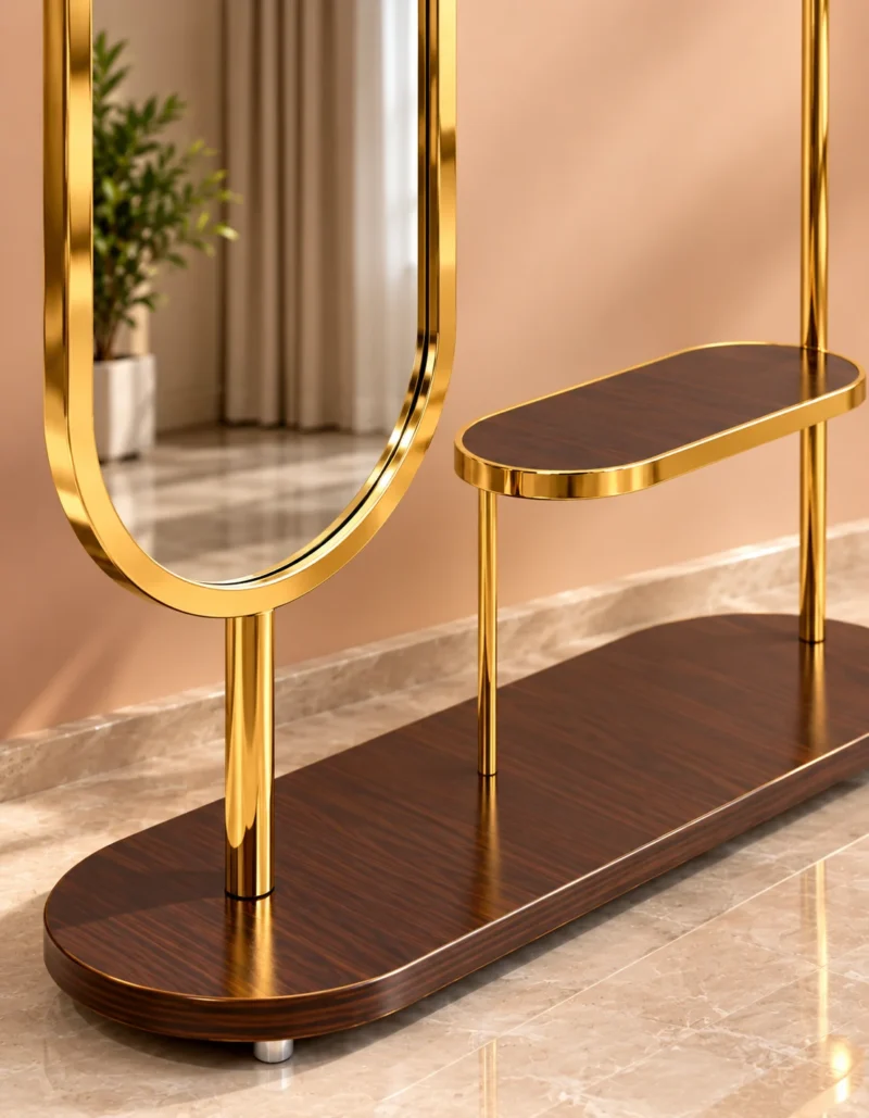 Aurevia standing mirror with clothes rack and gold stainless steel frame