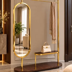Aurevia standing mirror with clothes rack and gold stainless steel frame