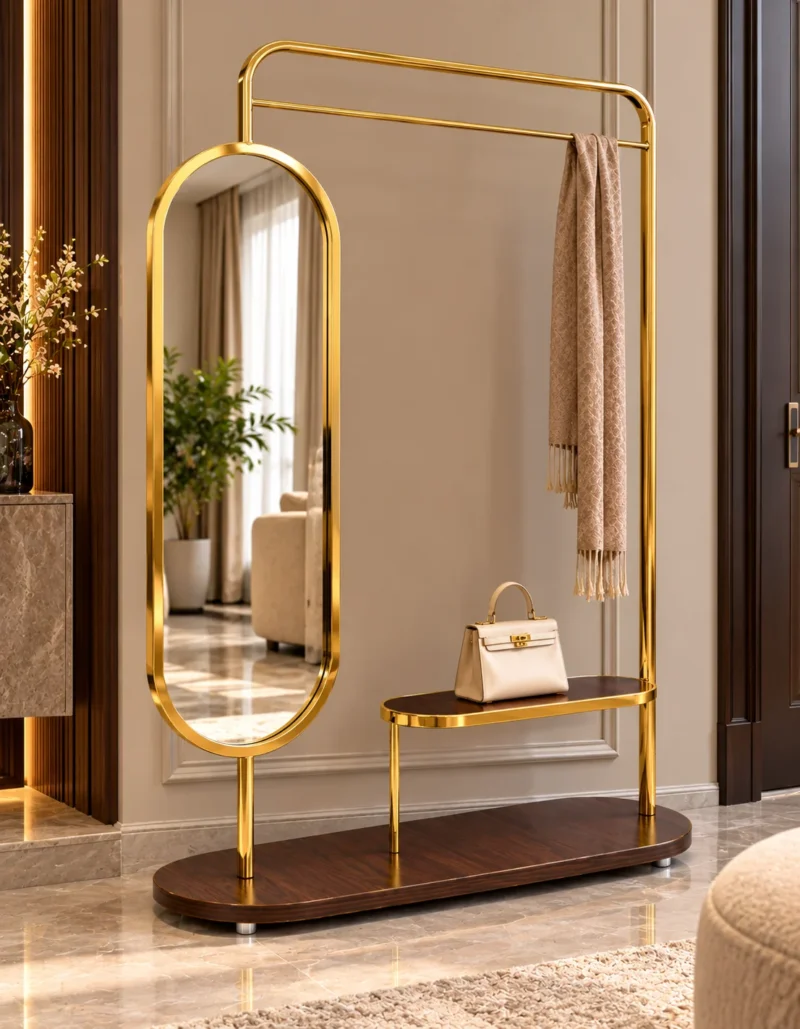 Aurevia standing mirror with clothes rack and gold stainless steel frame