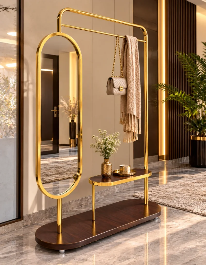 Aurevia standing mirror with clothes rack and gold stainless steel frame