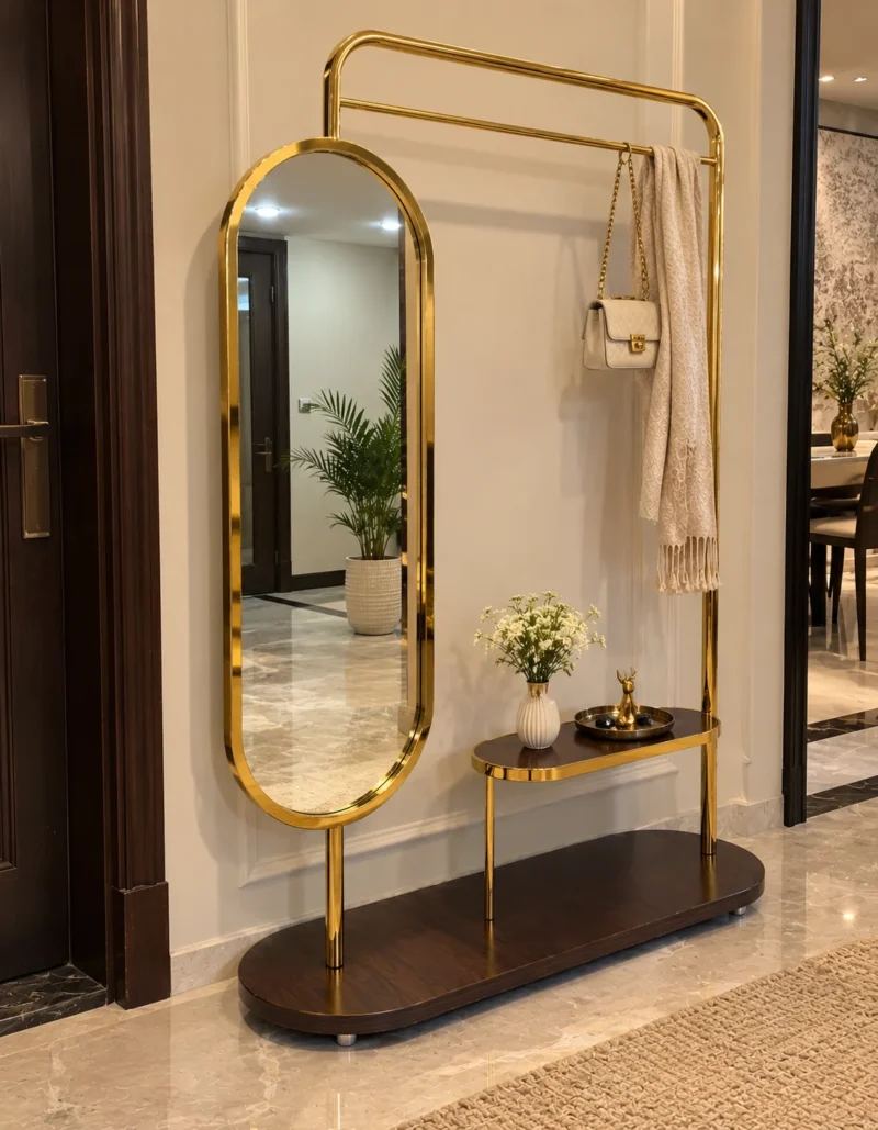 Aurevia standing mirror with clothes rack and gold stainless steel frame