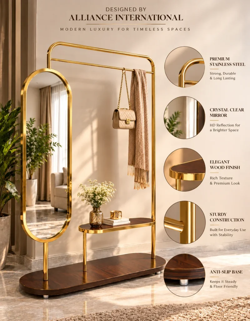 Aurevia standing mirror with clothes rack and gold stainless steel frame