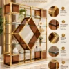 Aurex Geo geometric cosmetic display rack with gold frame and amber accents