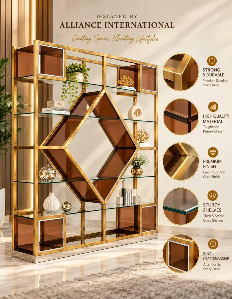 Aurex Geo geometric cosmetic display rack with gold frame and amber accents