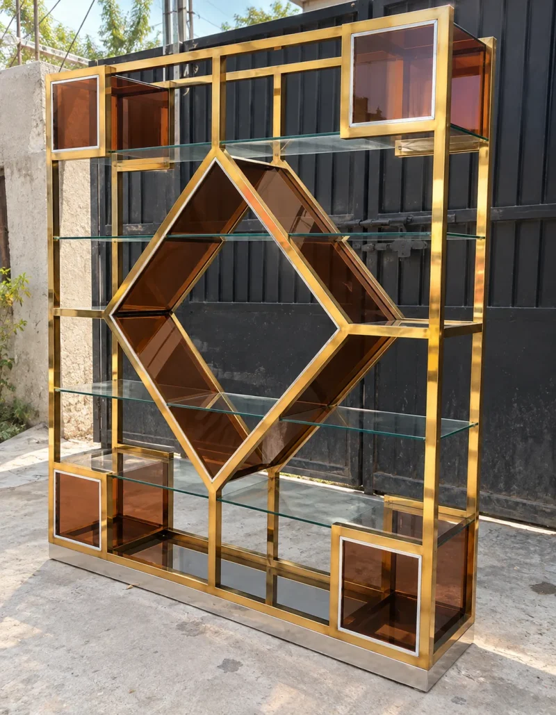 Aurex Geo geometric cosmetic display rack with gold frame and amber accents