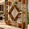 Aurex Geo geometric cosmetic display rack with gold frame and amber accents