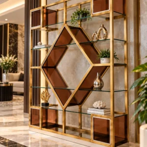 Aurex Geo geometric cosmetic display rack with gold frame and amber accents