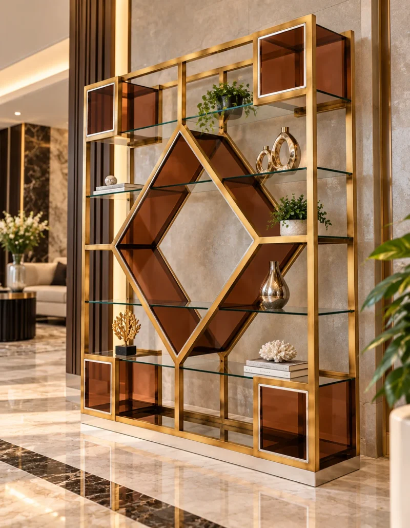 Aurex Geo geometric cosmetic display rack with gold frame and amber accents