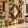 Aurex Geo geometric cosmetic display rack with gold frame and amber accents