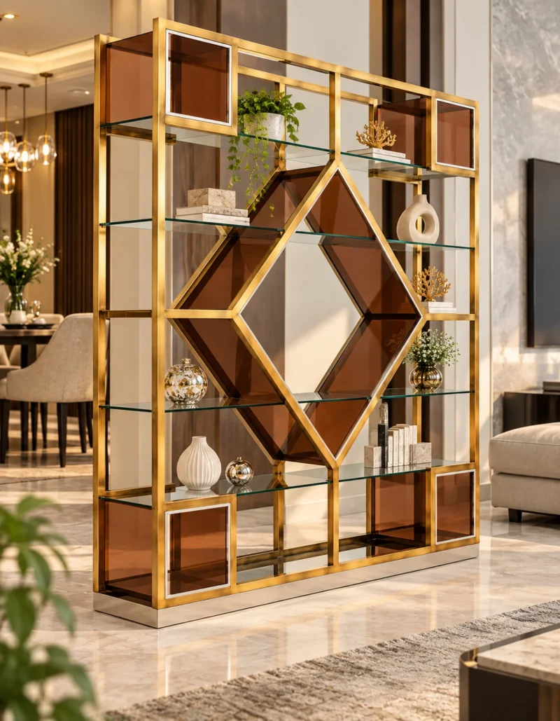 Aurex Geo geometric cosmetic display rack with gold frame and amber accents