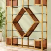 Aurex Geo geometric cosmetic display rack with gold frame and amber accents