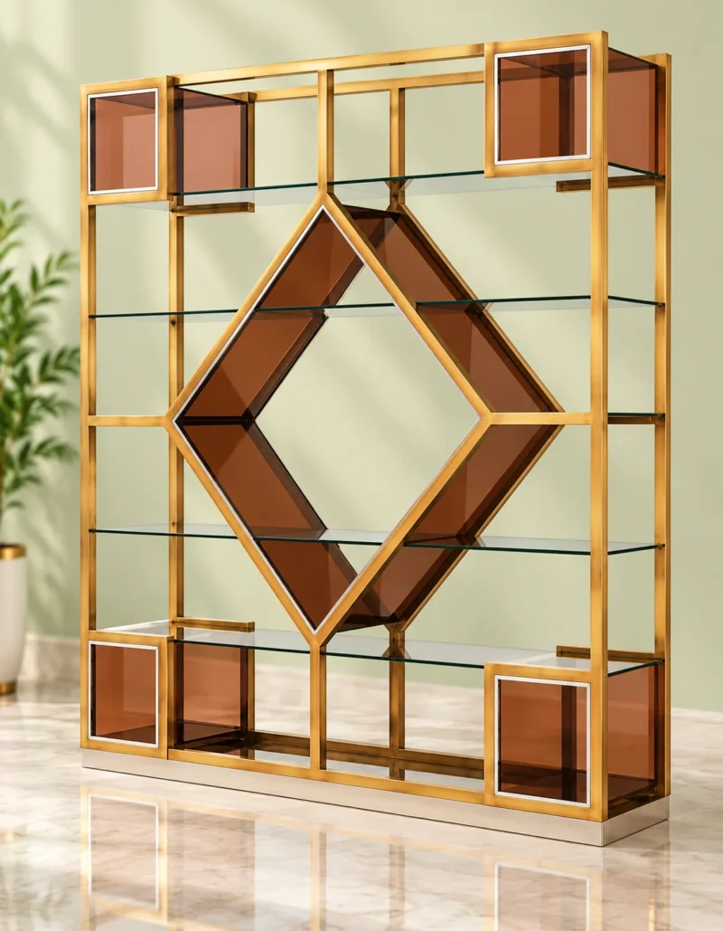 Aurex Geo geometric cosmetic display rack with gold frame and amber accents