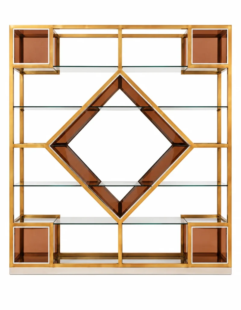 Aurex Geo geometric cosmetic display rack with gold frame and amber accents