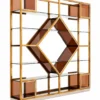 Aurex Geo geometric cosmetic display rack with gold frame and amber accents