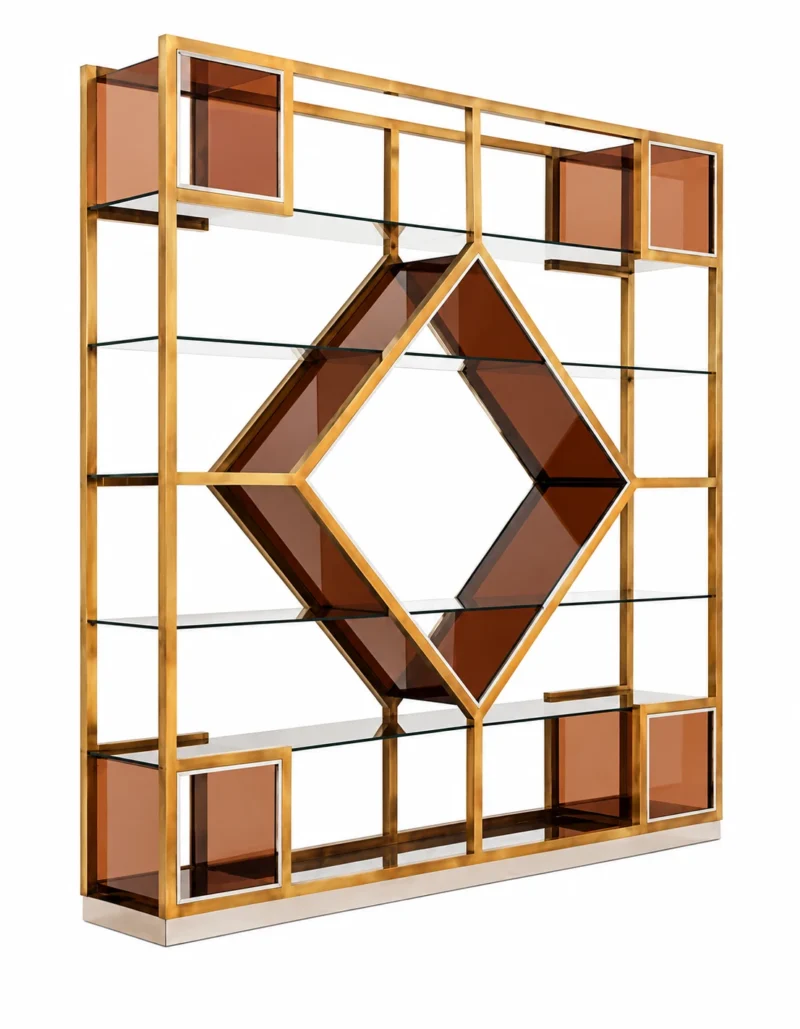 Aurex Geo geometric cosmetic display rack with gold frame and amber accents
