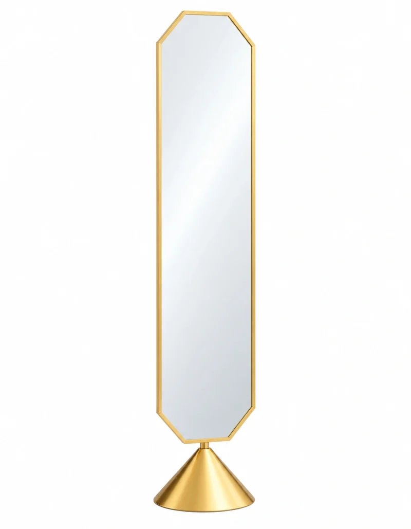 Aurex Geo geometric luxury standing mirror with gold stainless steel frame