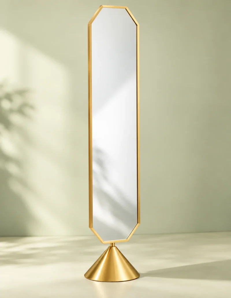Aurex Geo geometric luxury standing mirror with gold stainless steel frame